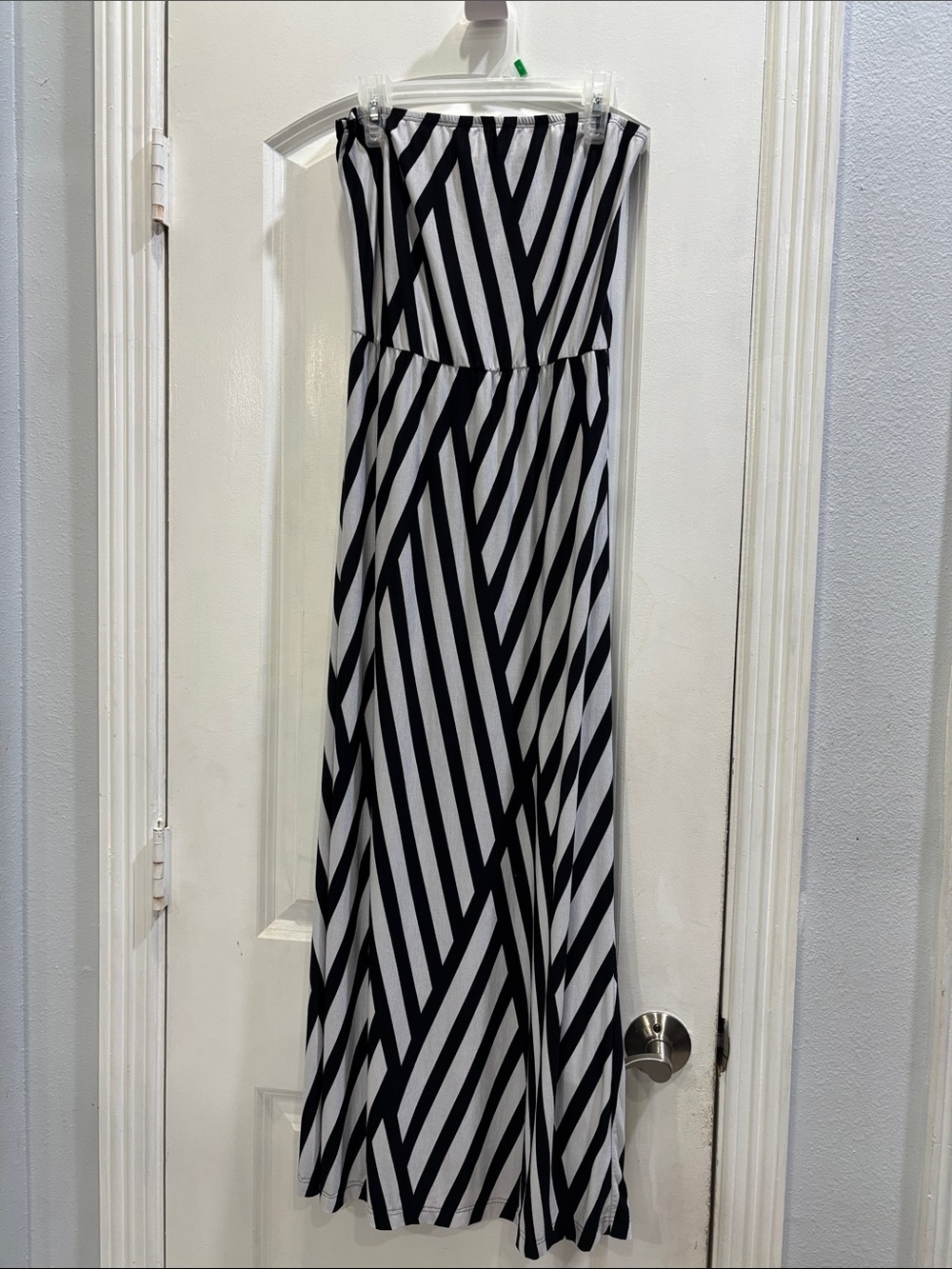 Black & White Strapless Maxi Dress with Bold Diagonal Stripes